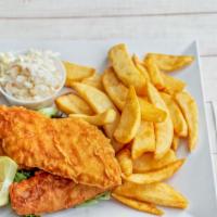 Fish And Chips · Four beer battered cod served with French fries and coleslaw.