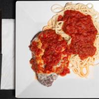 Chicken Parmesan · Served with spaghetti.