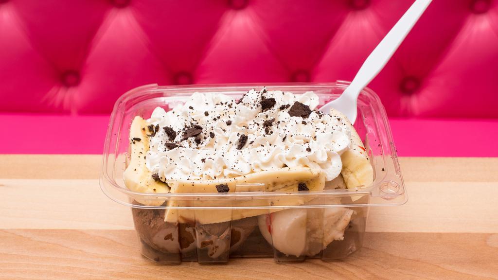 Vegan Banana Split · Your choice of ice cream with crushed cherries, oreo crumbs, almonds, and whipped cream. Choose up to 2, vanilla cookies, and seasonal.