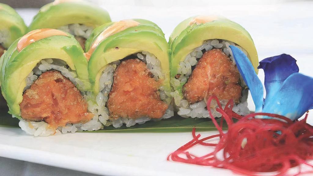 Godzilla Roll  · Spicy tuna, crunchy and tobiko inside, topped with avocado in chef's special sauce.