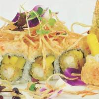 Nameless Roll  · Shrimp tempura & mango inside, lobster salad & crispy kani on top with chefs special sauce.