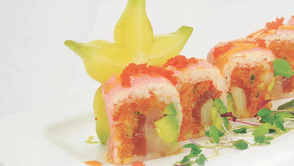 Spicy Girl Roll (8 Pcs) · Spicy salmon, tuna, yellowtail and avocado, crunch inside, topped with tobiko & spicy mayo sauce.