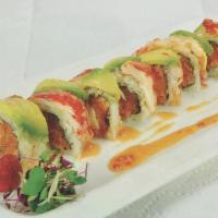Golden Flame Roll (8 Pcs) · Spicy crunchy salmon with mango inside, king crabmeat and avocado on top with sweet chili sa...