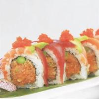A + S Roll  · Spicy yellowtail, asparagus and crunch inside, topped with salmon, tuna avocado and tobiko.