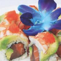 Phoenix Roll  · Salmon and tuna inside, shrimp, avocado, tobiko on top with jalapeno sauce.