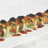 Alligator Roll (8 Pcs) · Salmon, avocado and crunch inside, topped with eel and eel sauce.