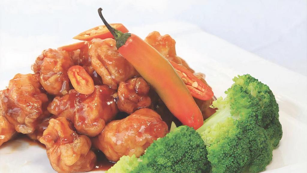 General Chicken · Chicken chunks fried in spicy sauce with steamed broccoli.