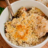 French Chicken Cassoulet With Garlic Bread - Medium · Tender chicken breasts served in a stew of white beans and kielbasa sausage with herbed brea...