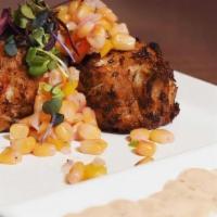 Twin Crab Cakes · lump crab cakes, fire-roasted corn relish, spicy remoulade sauce