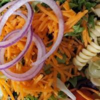 Garden Salad · spring mix, tomatoes, red onion, shredded carrots, black olives, cucumbers, mozzarella chees...