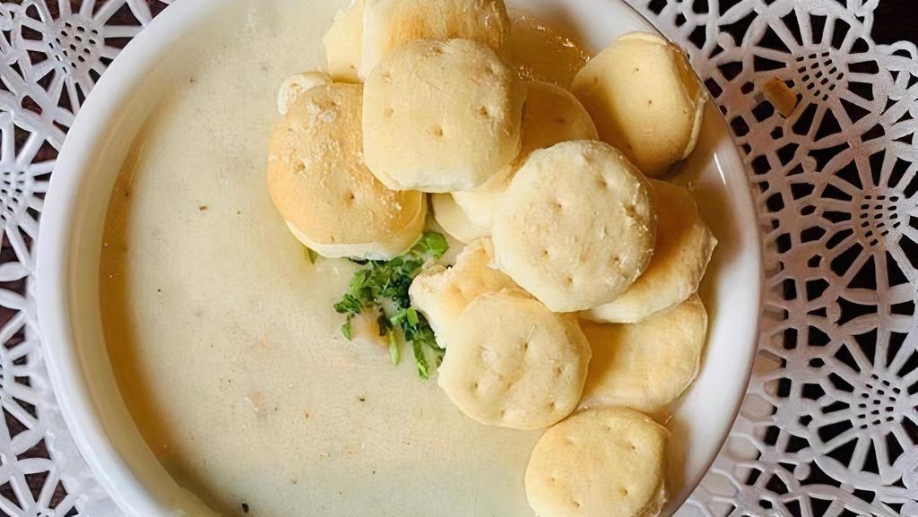 Clam Chowder · award winning recipe, clams, rich creamy broth, potatoes
