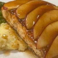 Apple Glazed Salmon · Grilled Atlantic Salmon with sliced apples and apple cider glaze, garlic mashed potatoes, gr...
