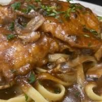 Chicken Marsala · sautéed boneless chickenl, garlic, mushrooms, sweet marsala wine sauce, fettuccine pasta