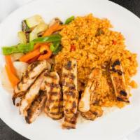 Char-Grilled Chicken Thighs · Marinated, seasoned grilled chicken served with bulgur rice, onion parsley salad, antep sala...