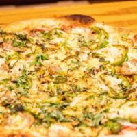 Pesty Chicken · Our pesto sauce topped with fresh grilled chicken, diced bacon, white onion and mozzarella c...