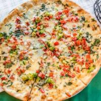 Capri White Pizza · Spinach, broccoli, tomatoes, garlic, olive oil and parmigiana cheese.