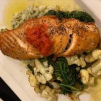 North Atlantic Salmon · Over kale risotto and roasted cauliflower.