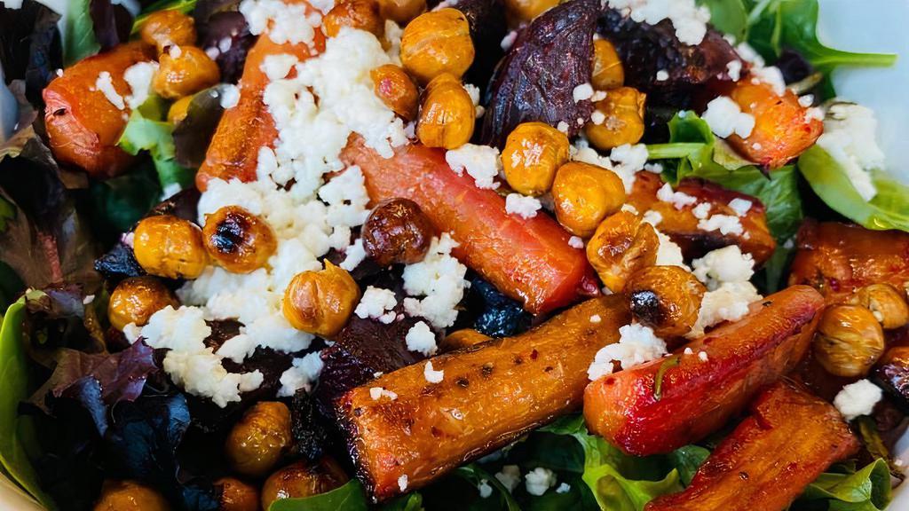 Roasted Beet Crunch Salad · Arugula, roasted carrot/beets, crunch chickpeas, dressing with house-made Orange balsamic vinaigrette, house-made feta cheese.