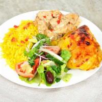 Baked Chicken · Served with vegetable side and rice.