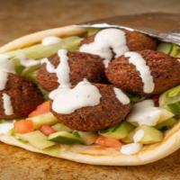Falafel Gyro · With the fries and soda and sauce on the side