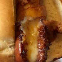 Texas Tommy · Bacon wrapped hot dog stuffed with American cheese. MmMmmMmM