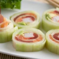 Seafood Naruto · Tuna, salmon, crabstick, tobiko and avocado rolled in thinly sliced cucumber.