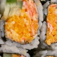 Spicy Snow Crab Maki · Spicy mayo with snow crab meat, tobiko, scallion, cucumber and tempura flakes