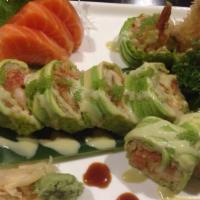 Green Dragon Maki · Shrimp Tempura and Spicy Tuna wrapped with Soy Paper.on top with Avocado,Wasabi Mayo Sauce,a...