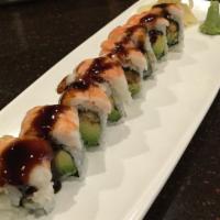 Scorpion Maki · 8 pcs, Eel cucumber and avocado roll covered with cooked shrimp and eel sauce
