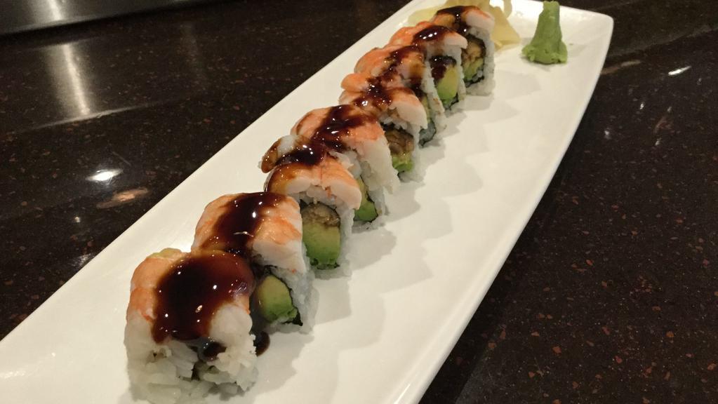 Scorpion Maki · 8 pcs, Eel cucumber and avocado roll covered with cooked shrimp and eel sauce