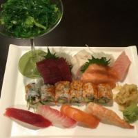 Otake Sampler · 9 pcs assorted sashimi, 4 pcs nigiri sushi, 6 pcs california roll and seaweed salad