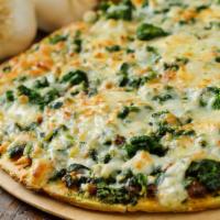 Spinach, Broccoli, Roasted Red Peppers & Feta Cheese Pizza · Our house made dough, made fresh daily topped with fresh spinach, broccoli, smoky roasted re...