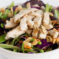 Asian Chicken Salad  · Organic grilled chicken, mixed greens, snap peas, carrots, red cabbage, edamame, crispy wont...
