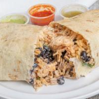 Burritos · Wrapped flour tortilla stuffed with your choice of meat, pinto beans, rice, cream cheese, on...