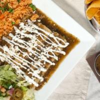 Enchiladas Verdes · Choice of steak, chicken or cheese topped with green Chile sauce, lettuce, sour cream and qu...