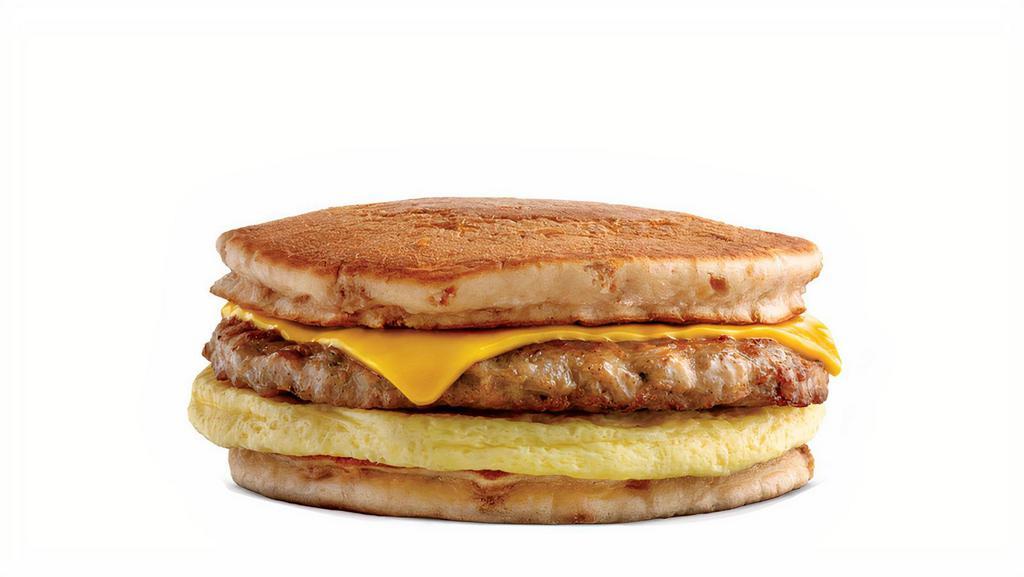 Maple Chip Sandwich · Delicious pancake, maple sausage egg and cheese sandwich.