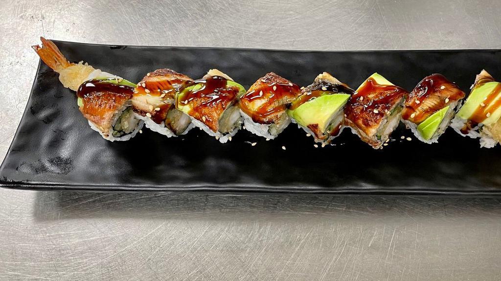 Dragon Maki Roll · Shrimp tempura, cucumber, topped with eel, avocado and eel sauce.