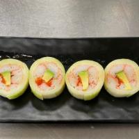 Caterpillar Maki Roll · Eel and cucumber topped with sliced avocado and eel sauce.