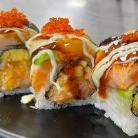 Mike'S Favorite Maki Roll · Spicy salmon and mango topped with seared salmon, white tuna, avocado and tobiko, finished w...