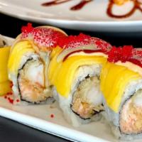 Hawaiian Maki Roll · Shrimp tempura, spicy crab meat, topped with sliced mango and Japanese crunchy drizzled with...