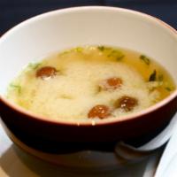 Nameko Miso Soup · Soybean soup with silkened tofu, nameko mushroom, seaweed, and scallions.
