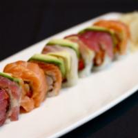 Rainbow Roll · Cooked shrimp, crab stick, tobiko, and spicy mayo wrapped with tuna, salmon, white fish, and...