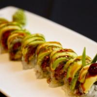 Caterpillar Roll · Eel, cucumber, tobiko, and spicy mayo wrapped with layers of avocado and unagi sauce.