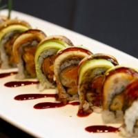 Dragon Roll · Sweet potato tempura wrapped with eel and avocado with touch of unagi sauce.