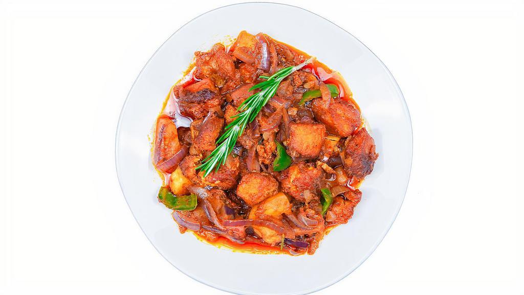 Asa Goulash · Medium spicy. Cubed tilapia sautéed with onions, garlic and peppers.