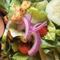 House Salad · Baby spring mix tossed with chopped Romaine lettuce, provolone cheese, sliced cucumbers, tom...
