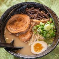 Tonkotsu · Pork broth with shoyu, dashi, pork belly chashu, thin noodles, marinated soft boiled egg, wo...