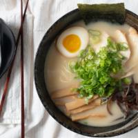 Tori Paitan · Chicken broth with shoyu, sliced chicken, thin noodles, marinated soft boiled egg, wood ear ...