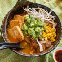 Spicy Miso With Tofu · Spicy vegetable broth with fermented soybean paste and gochujung, wavy noodles, shiitake mus...