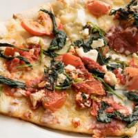 Mediterranean Pizza · Spinach, feta cheese,mozzarella cheese, marinated tomato, romano, olive oil & garlic